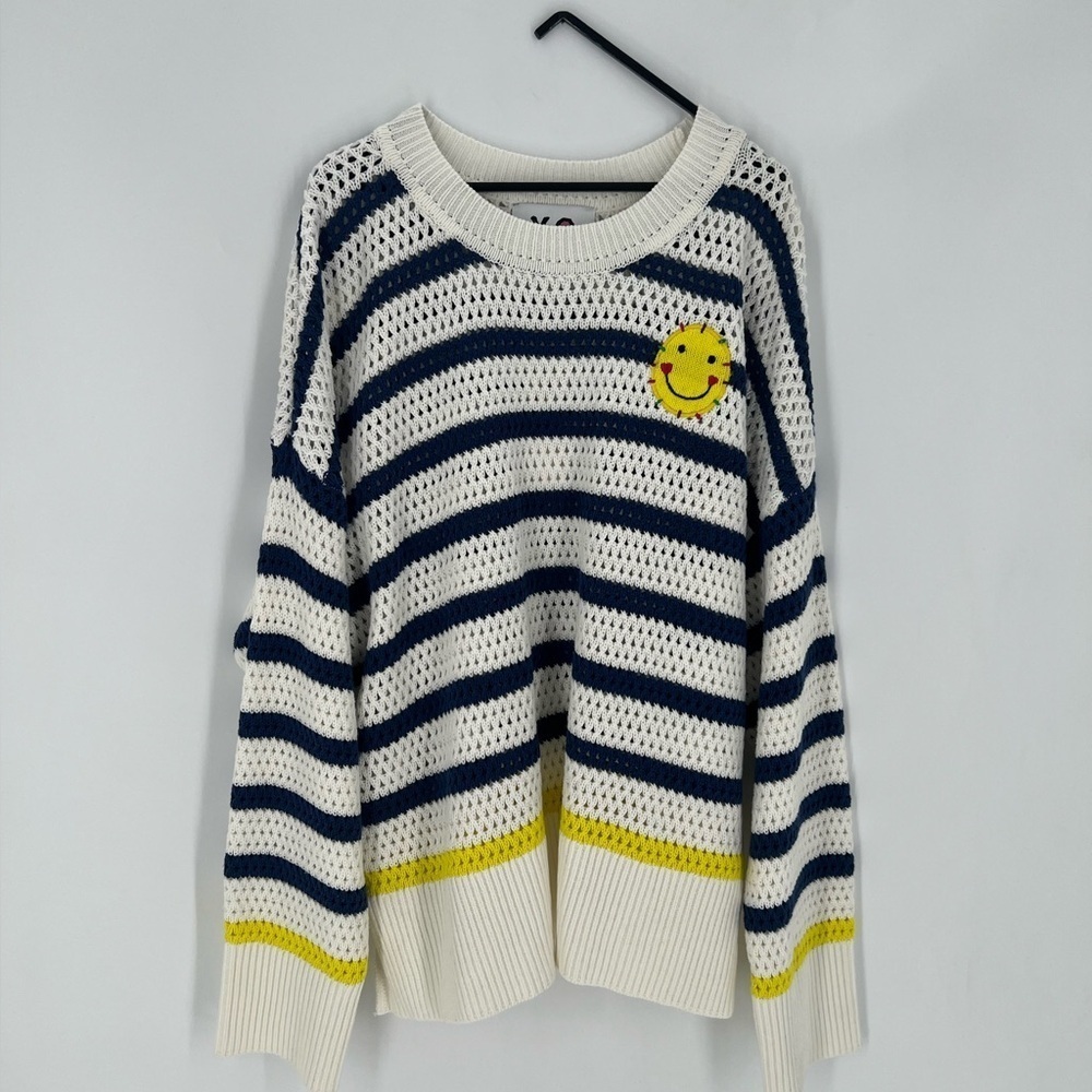 Kerri Rosenthal Crochet Knit Striped Smiley Embroidered Sweater Pullover